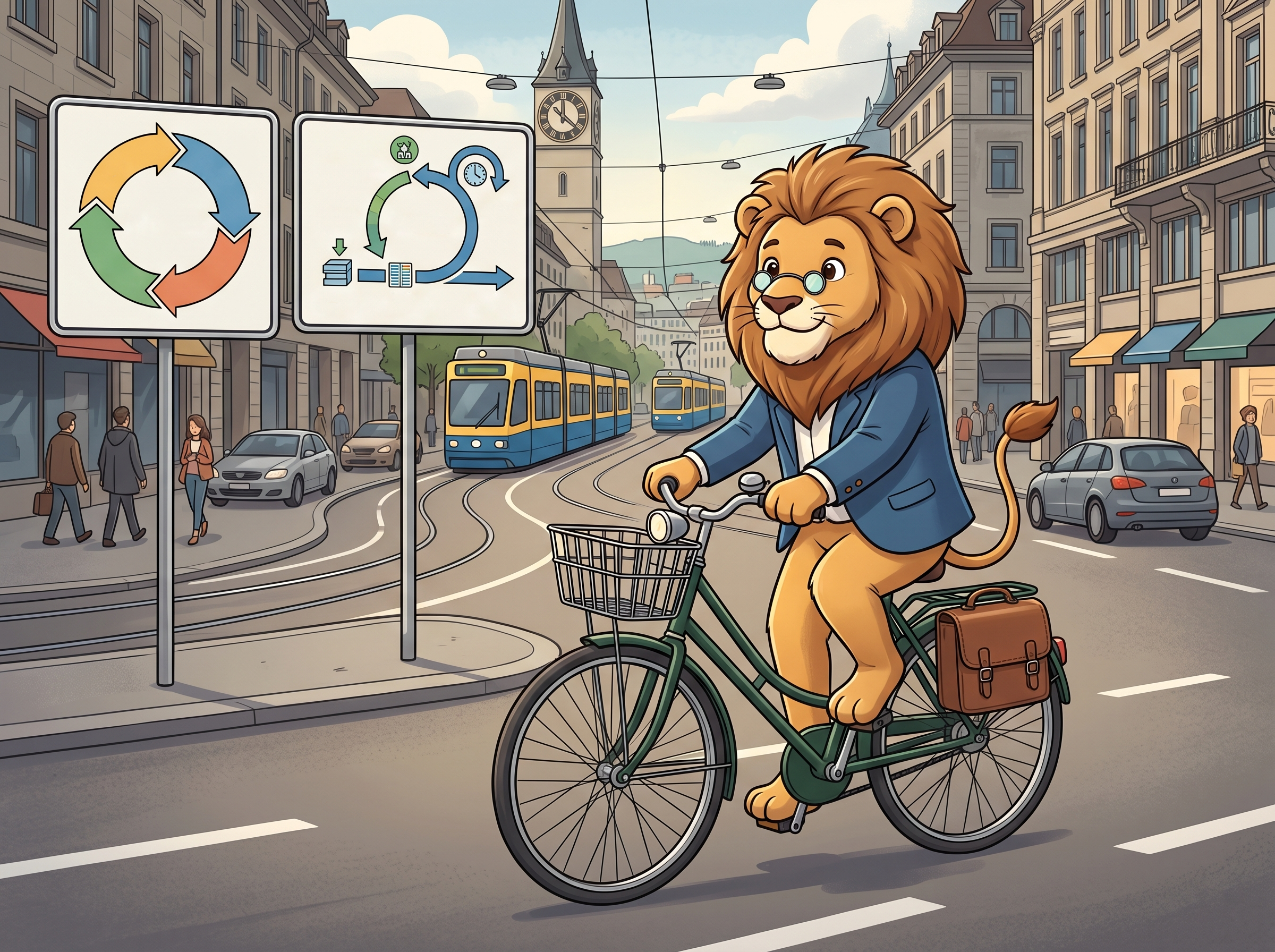 Züri-Löwe pedaliert auf dem Velo durch die Stadt.